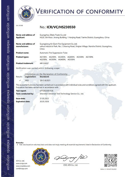 Çin Guangdong Air Giant Fire Equipment Co.,Ltd. Sertifikalar